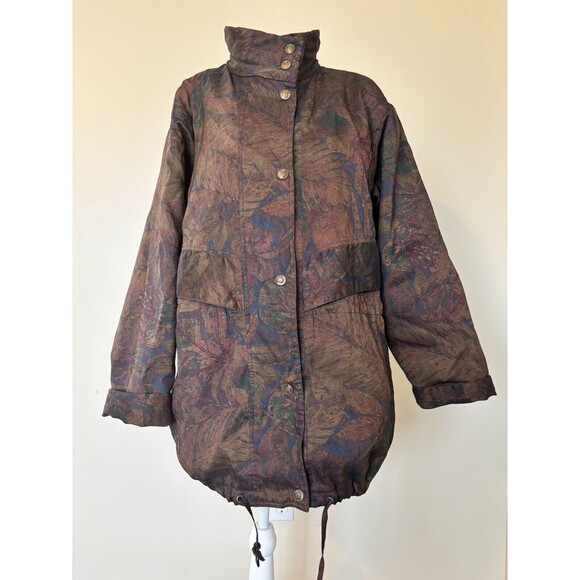 Vintage London Fog Womens Medium Parka Jacket Floral Leaves Brown Insulated 90s - Picture 2 of 16